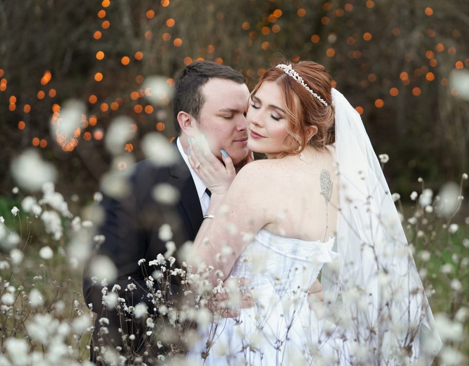 Bride lovingly embracing her groom in front of fluffy white fall seeds near a willow tree with warm fairy lights