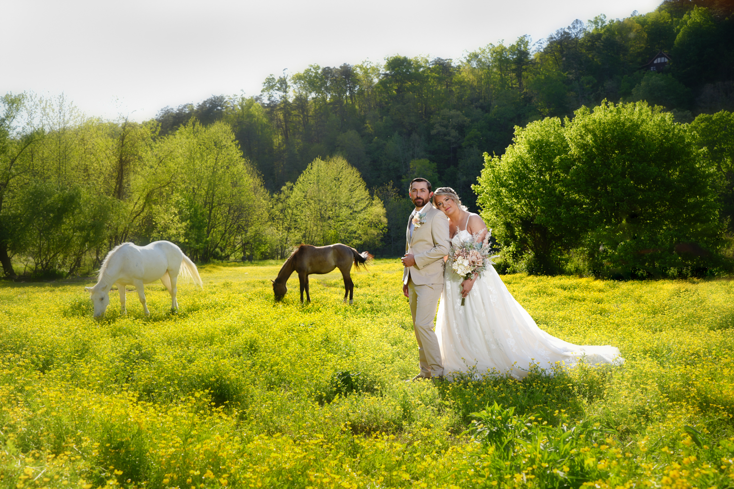 Bride leaning her head on her groom's shoulder in a field of yellow buttercups with a white and brown horse grazing in the distance at Honeysuckle Hills