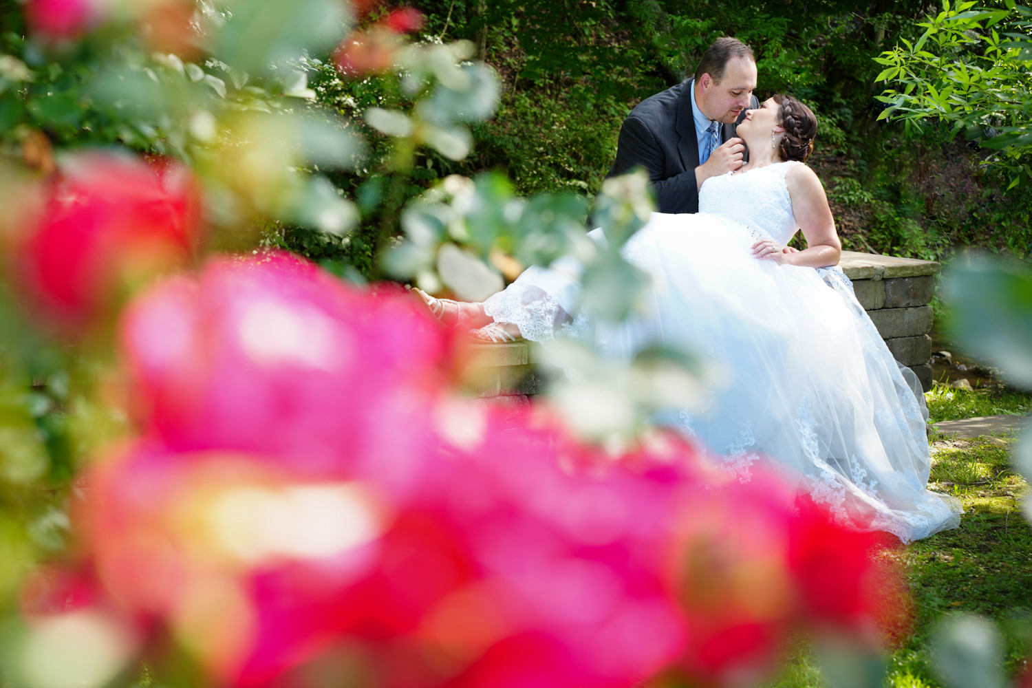 Groom passionately kissing his bride on a rock while behind red roses