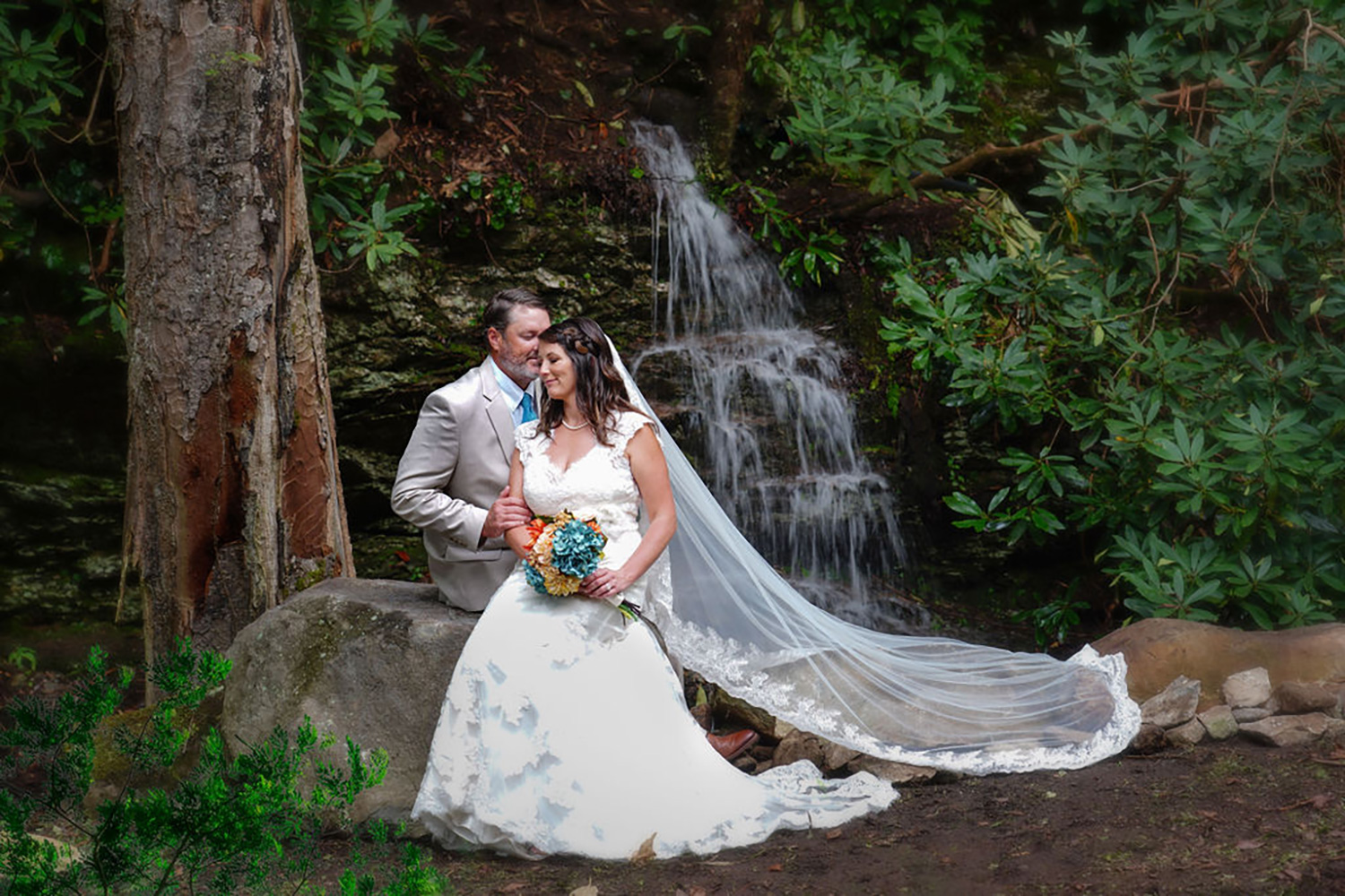 bride and groom sitting on a rock by a tall tree in the forest with a Smoky mountain waterfall behind them