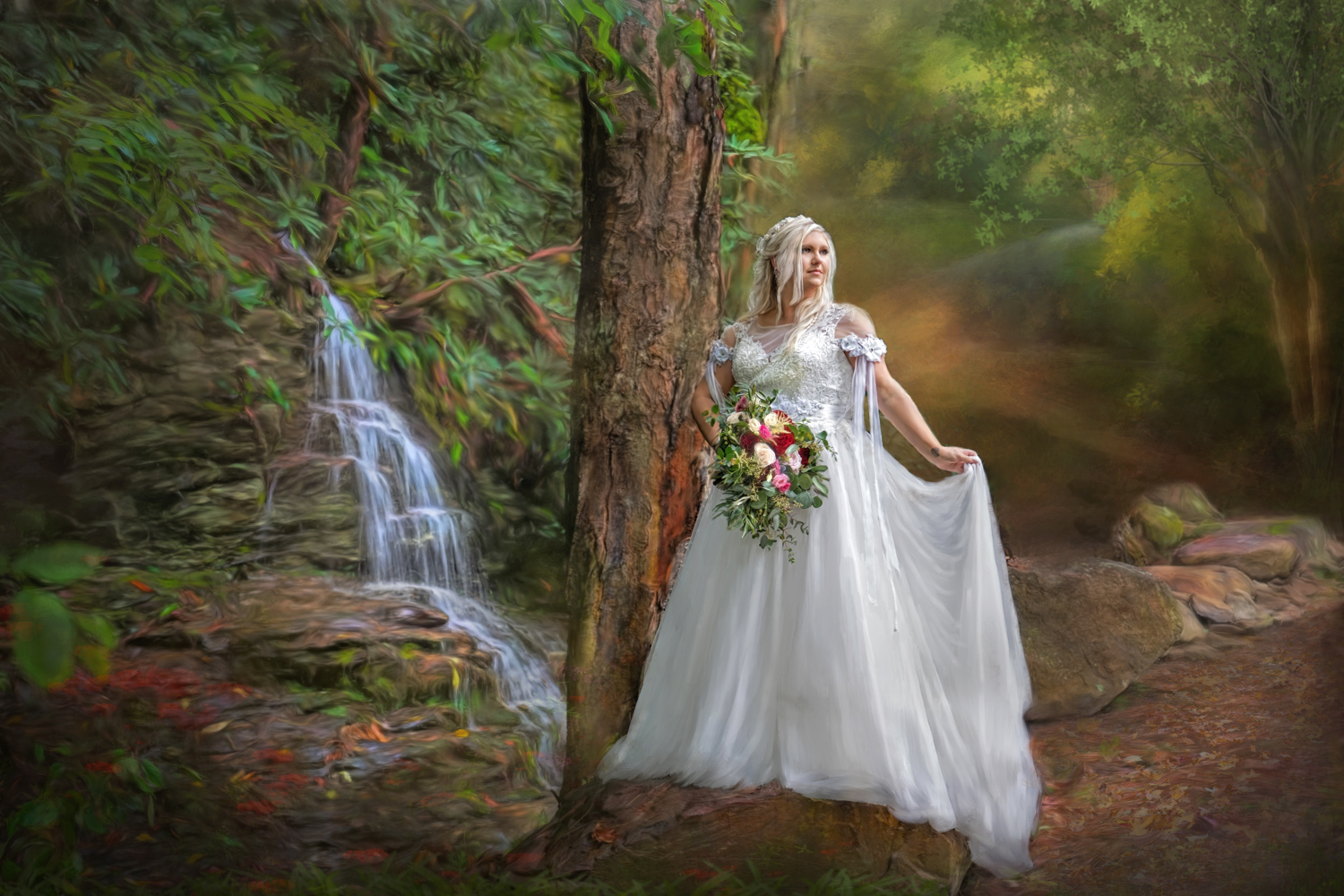 Painting of a bride standing on a rock by a Smoky Mountain Waterfall