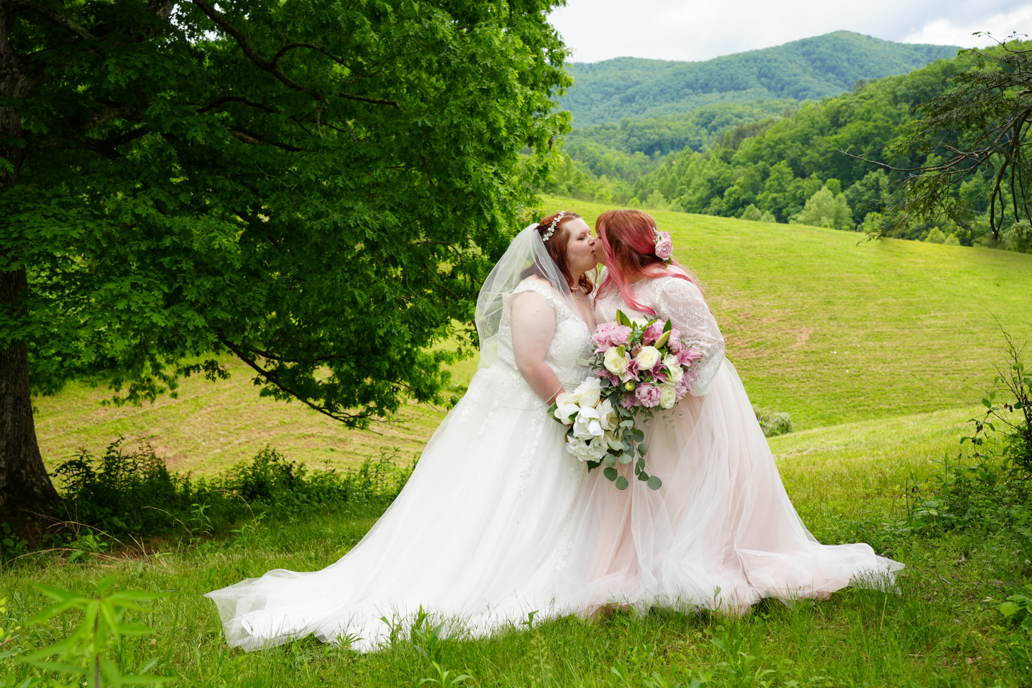 two brides kissing at a mountain view at Honeysuckle Hills