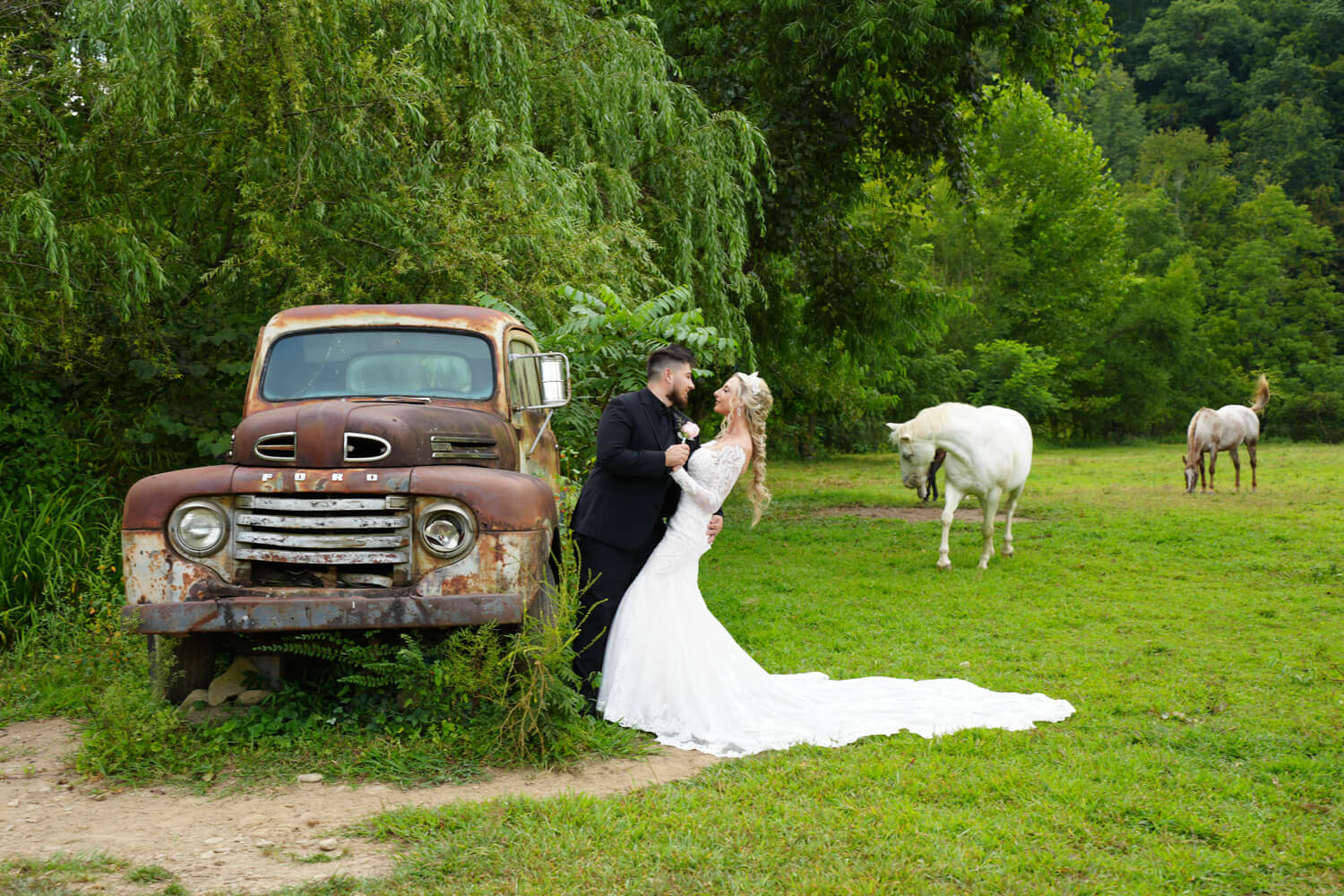 Wedding couple holding tightly by an old 1950 Ford truck in a horse field while a white appaloosa runs toward them