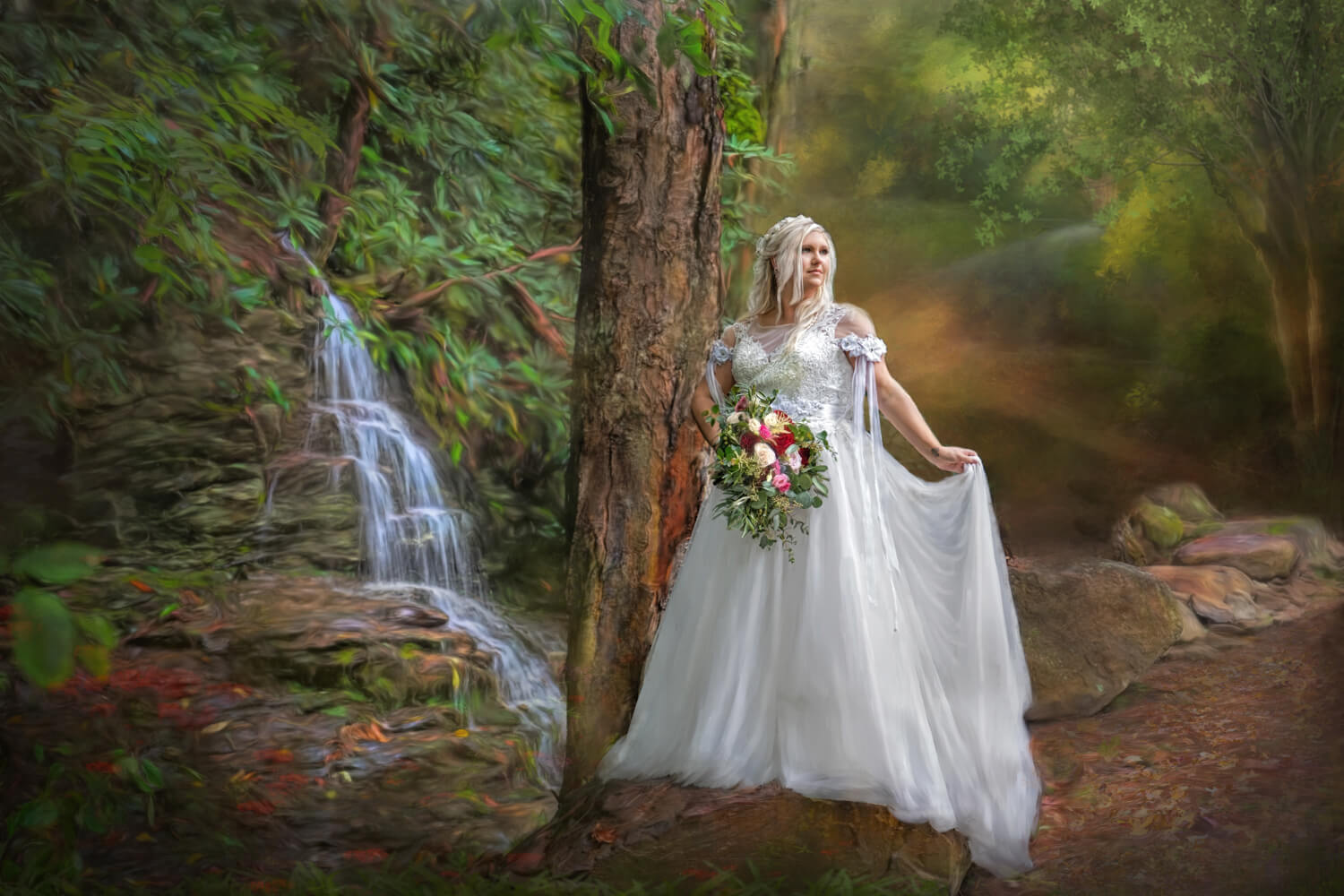 Painted Portrait of a bride by a Smoky Mountain Waterfall