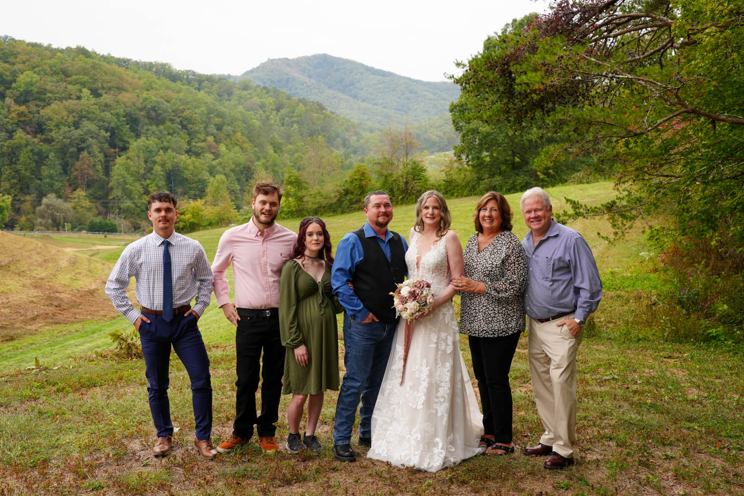 Wedding family group photo at a mountain view ceremony site in Pigeon Forge called Honeysuckle Hills