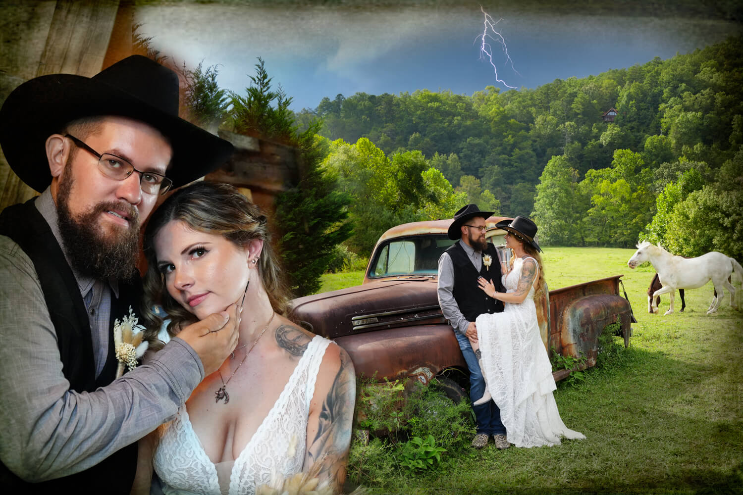 Artistic western collage of couple with black cowboy hats by an old Ford truck in a field with horses and a dark blue sky with lightning on their wedding day