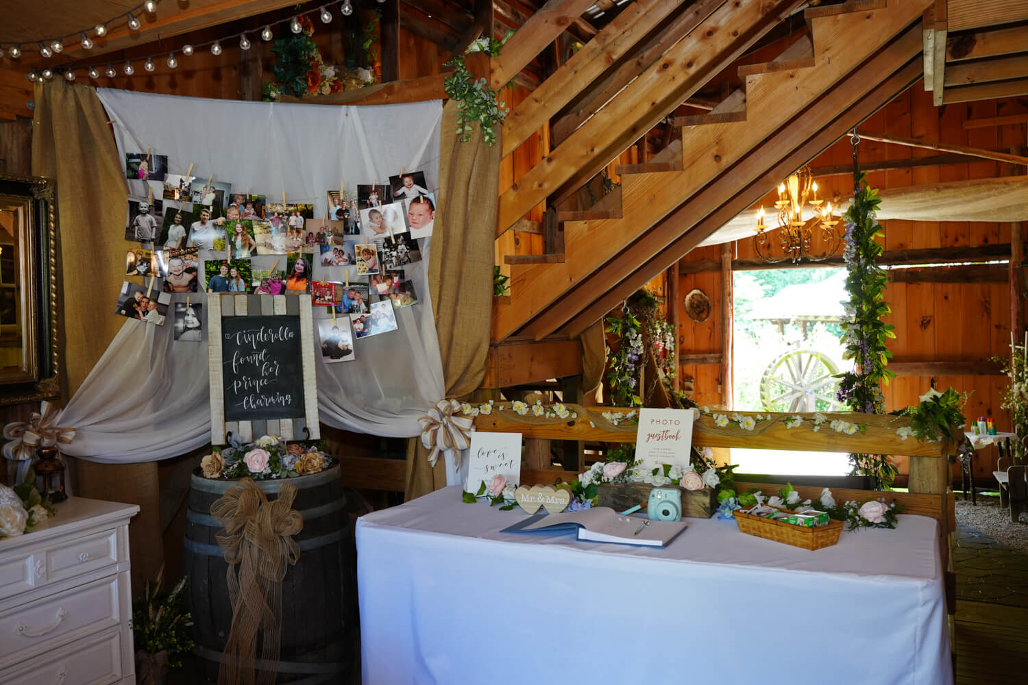 Wedding decor set up in a country barn wedding venue