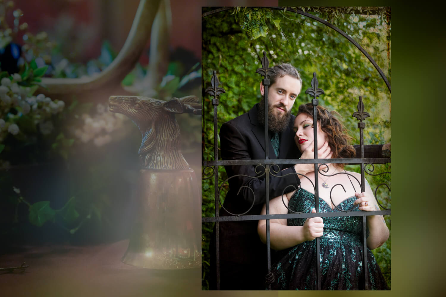 Eccentric wedding couple dressed in black and sparkling green posing behind an iron gate in a forest overlaying an artistic background with chalice and antlers