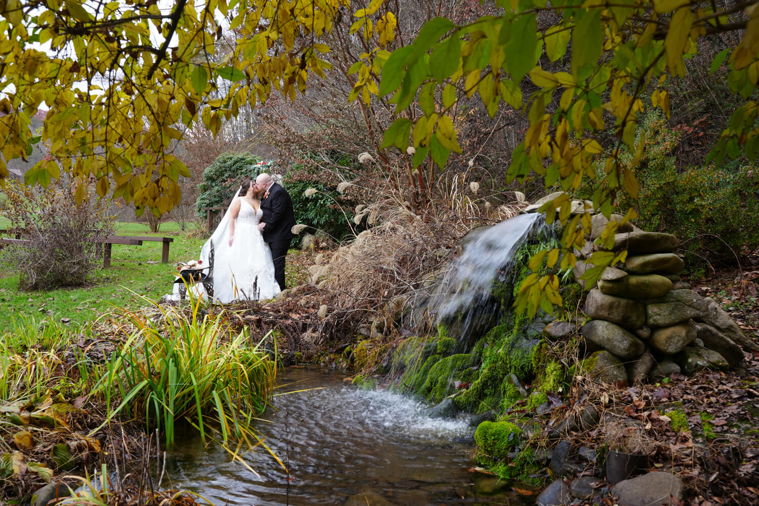 Wedding couple under yellow fall leaves at a small waterfall pond at the Honeysuckle Hills wedding venue