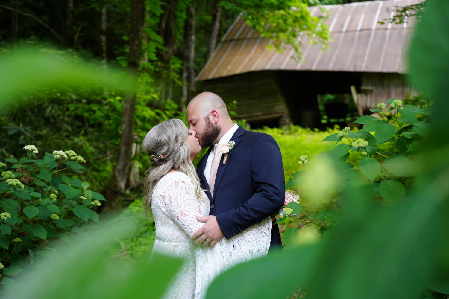 Wedding couple kissing behind lush green summer leaves in the mountains with an old barn behind them