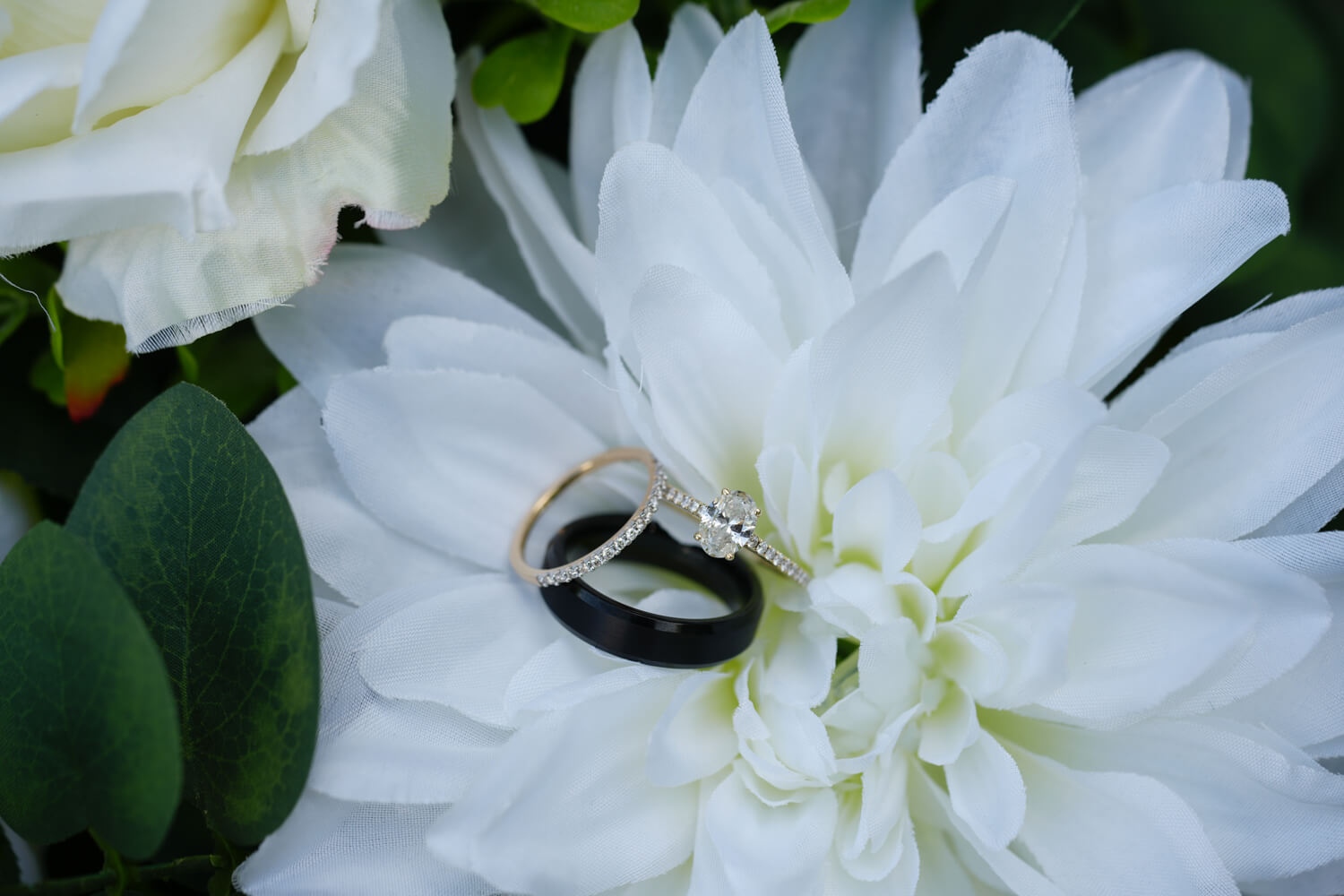 wedding rings sitting on a white flower