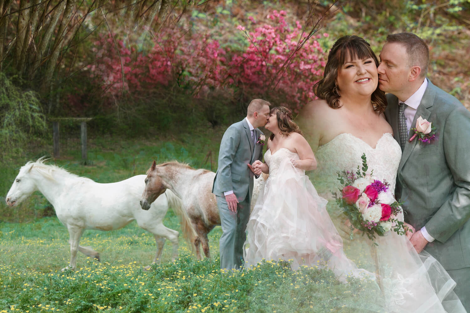 Art collage of a bride and groom kissing in the spring on their wedding day with horses running and pink flowers