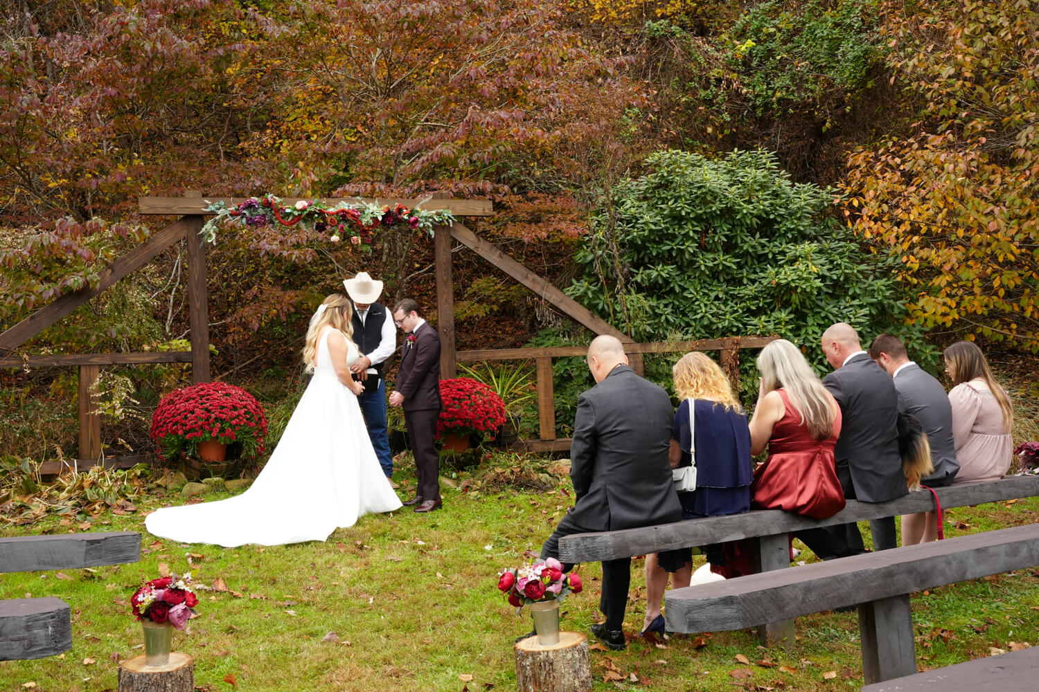 October fall wedding at a wooden arbor in the Smoky Mountains Tennessee