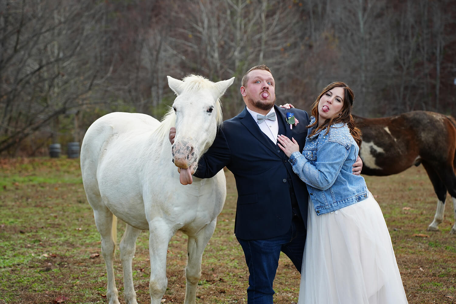 wedding couple and horse sticking out their tongues