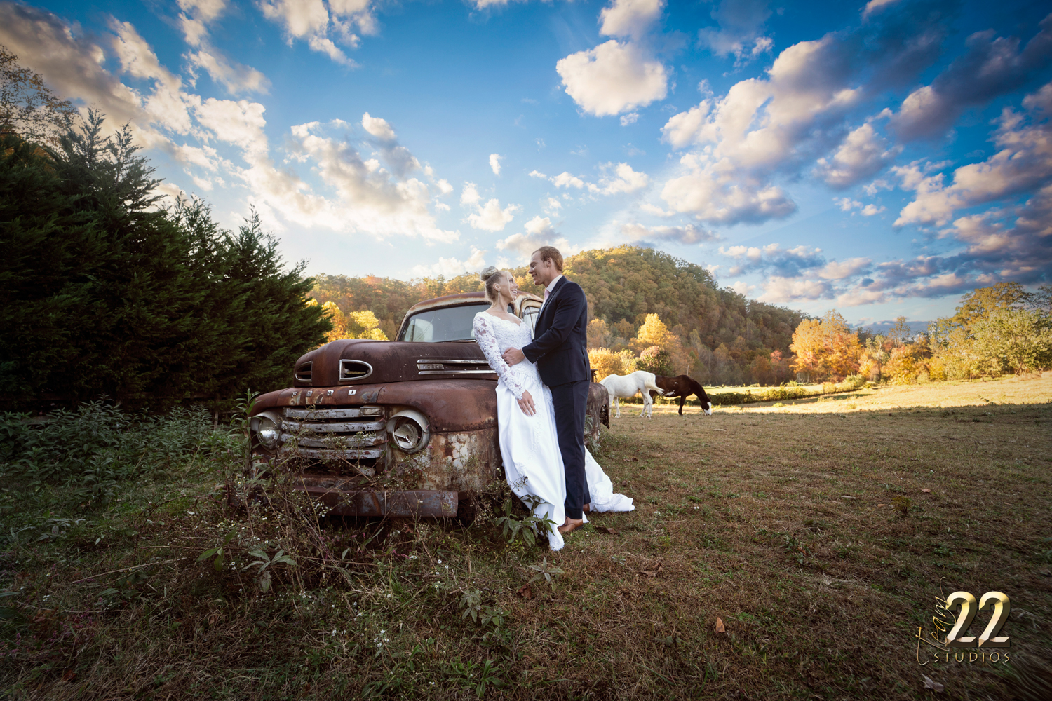 Wedding couple at a 1950 Ford truck with a vibrant blue sky and horses in the field next to them