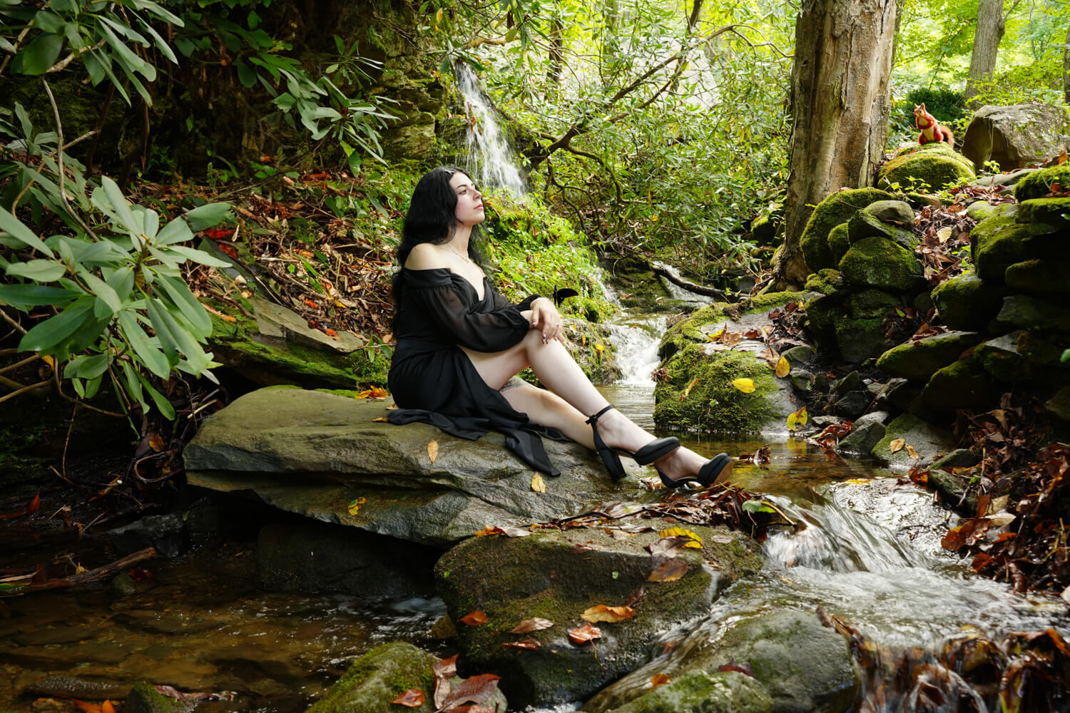 Gothic bride in a black dress showing her legs and black heels while seated on a rock at the bottom of a waterfall in the Smoky Mountains with a fantasy black moth and chipmonk in the scene